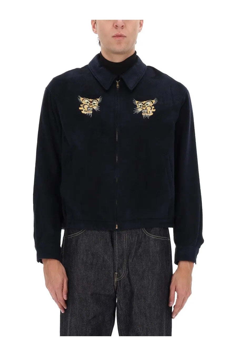 Visvim men’s Norad blouson jacket blue with black suede and gold embroidered tiger motifs on the chest