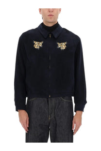 Visvim men’s Norad blouson jacket blue with black suede and gold embroidered tiger motifs on the chest