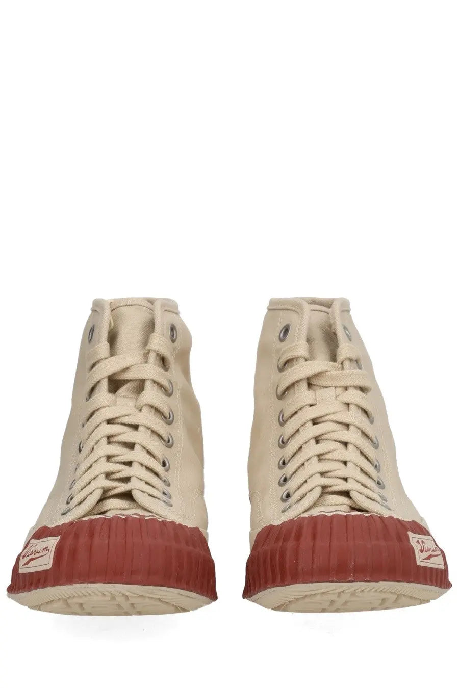 Beige visvim men’s skagway hi sneaker with high-top canvas and textured red rubber toe cap and matching label