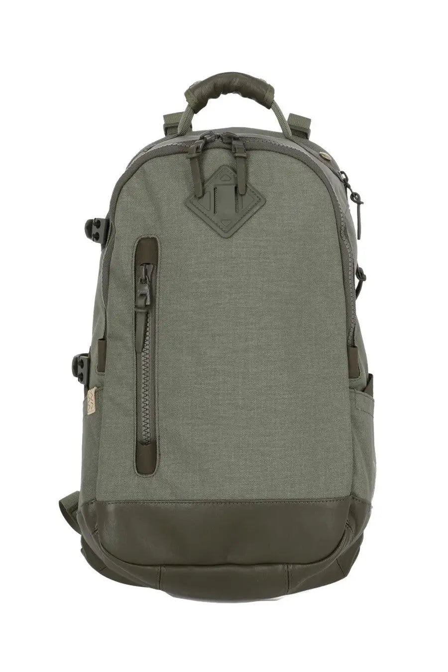 Olive green canvas backpack with dark olive leather accents and diamond shaped logo patch visvim men’s zaino cordura 20l