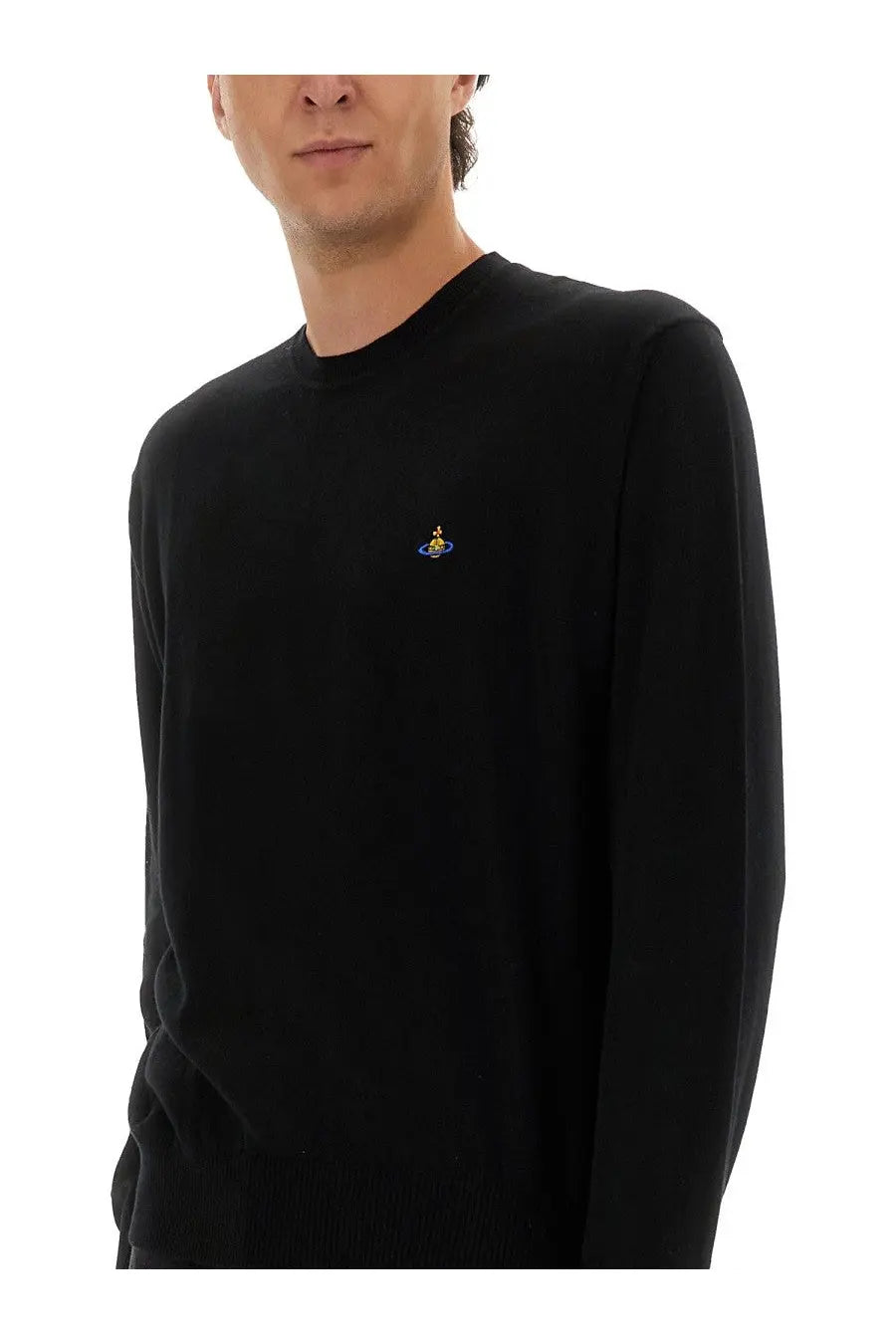 Vivienne westwood men’s alex jersey black long-sleeved crewneck sweater with small embroidered logo on left chest