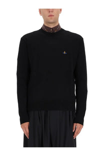 Vivienne Westwood men’s black long-sleeved jersey sweater with small embroidered logo on left chest
