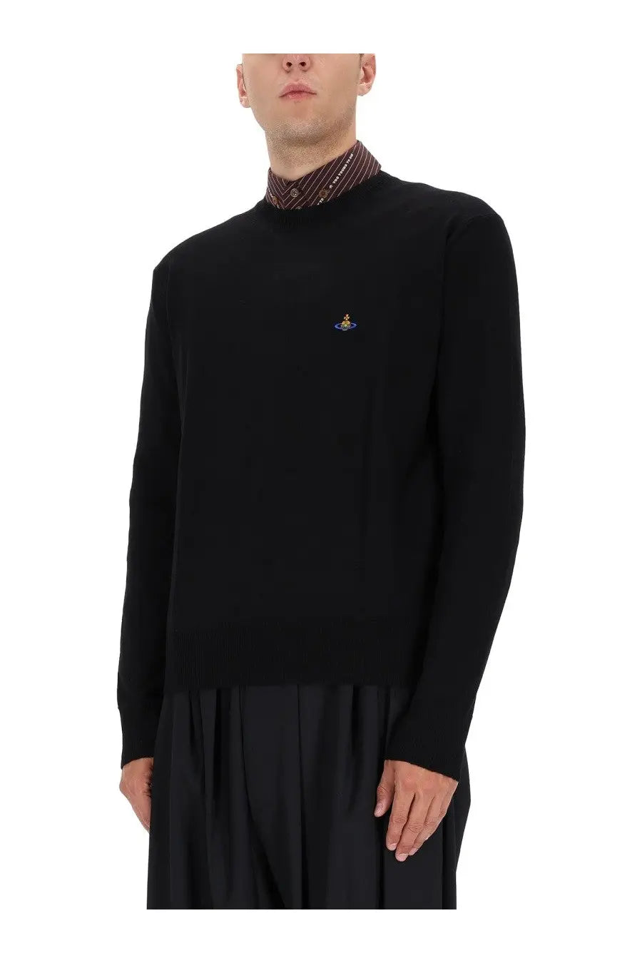 Black ribbed knit Vivienne Westwood men’s Alex jersey sweater with small embroidered logo on the left chest