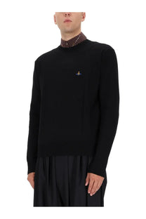 Black ribbed knit Vivienne Westwood men’s Alex jersey sweater with small embroidered logo on the left chest