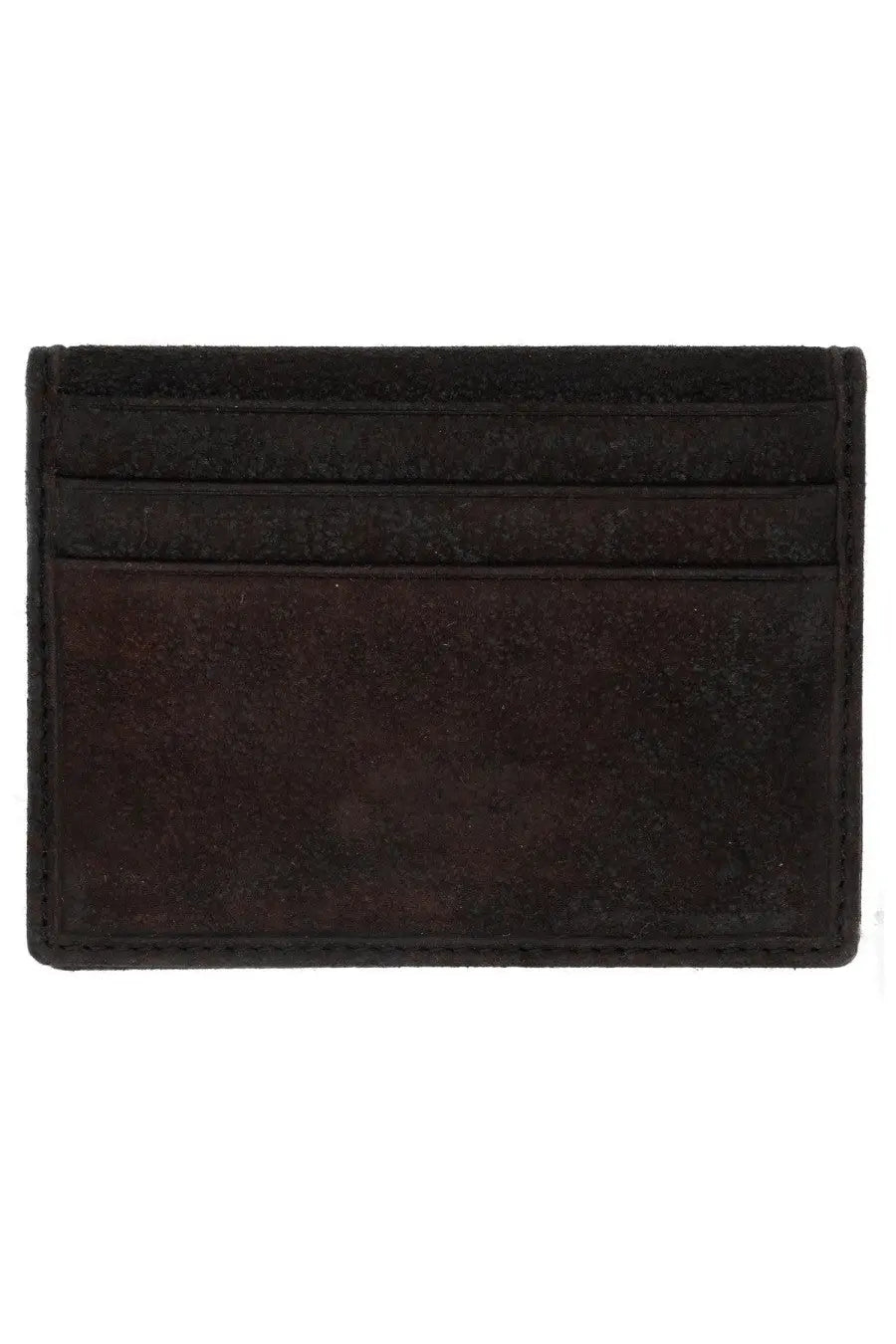 Black suede vivienne westwood men’s card holder with stitched edges and multiple slots for cards