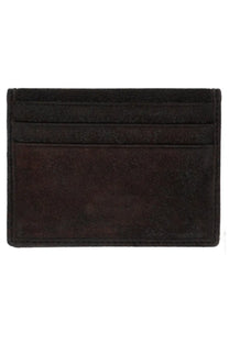 Black suede vivienne westwood men’s card holder with stitched edges and multiple slots for cards