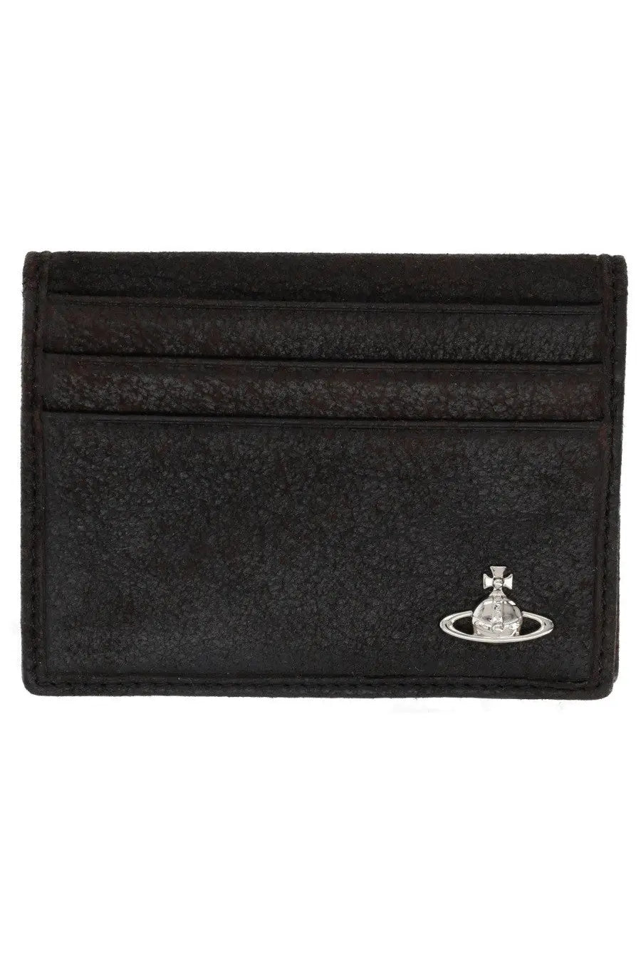 Vivienne Westwood men’s black textured card holder with silver orb logo emblem and brown detailing