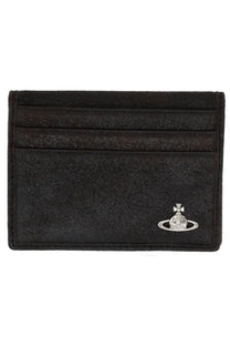 Vivienne Westwood men’s black textured card holder with silver orb logo emblem and brown detailing