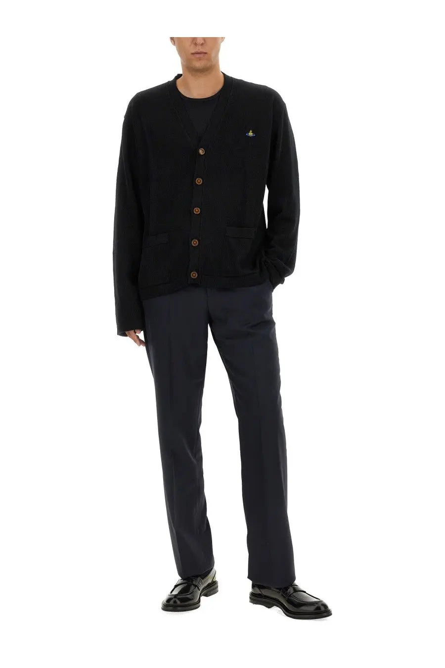 Black Vivienne Westwood men’s cardigan Alex with gold-tone buttons and small embroidered logo on left chest