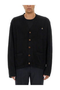 Vivienne Westwood men’s black cardigan Alex with gold toned buttons and small embroidered logo on left chest