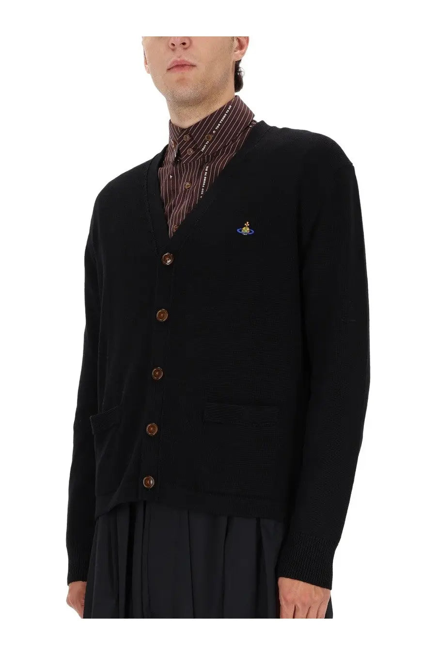 Vivienne Westwood men’s black knit cardigan with brown buttons and small embroidered logo on left chest