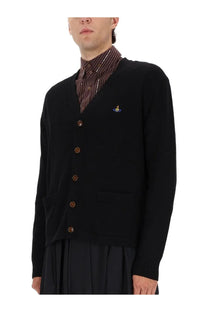 Vivienne Westwood men’s black knit cardigan with brown buttons and small embroidered logo on left chest