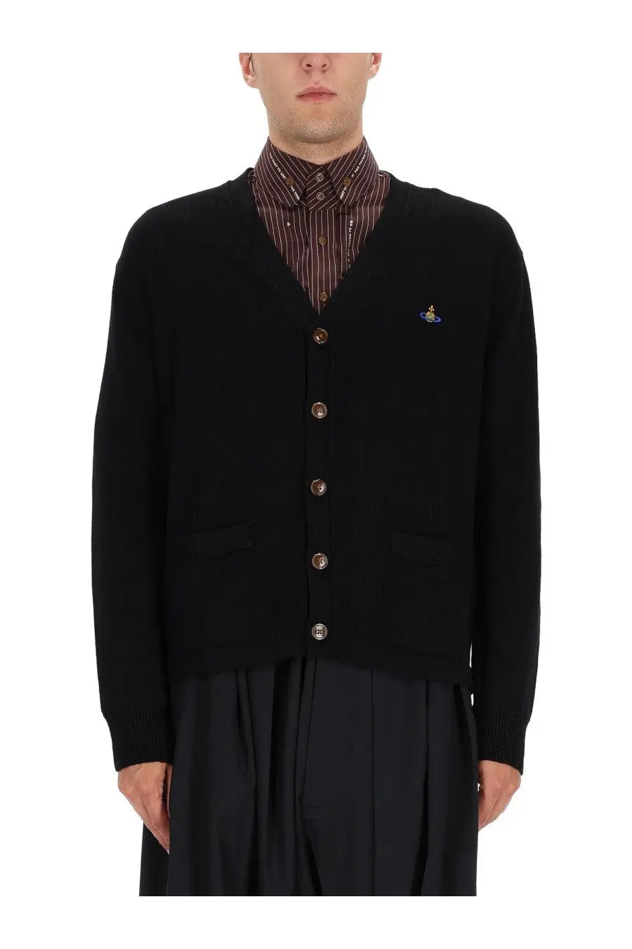 Vivienne westwood men’s black knit cardigan with embroidered logo on left chest and matching front buttons
