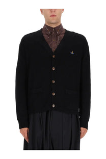 Vivienne westwood men’s black knit cardigan with embroidered logo on left chest and matching front buttons