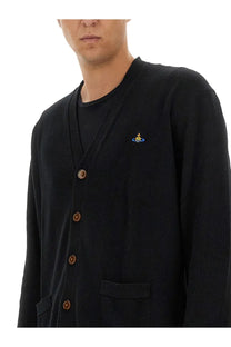 Vivienne westwood men’s alex black textured knit cardigan with wooden buttons and small embroidered logo on chest