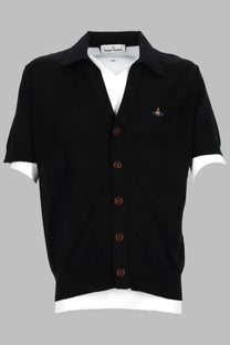 Vivienne Westwood men’s black short-sleeved cardigan polo with white collar and cuffs brown buttons and logo embroidery