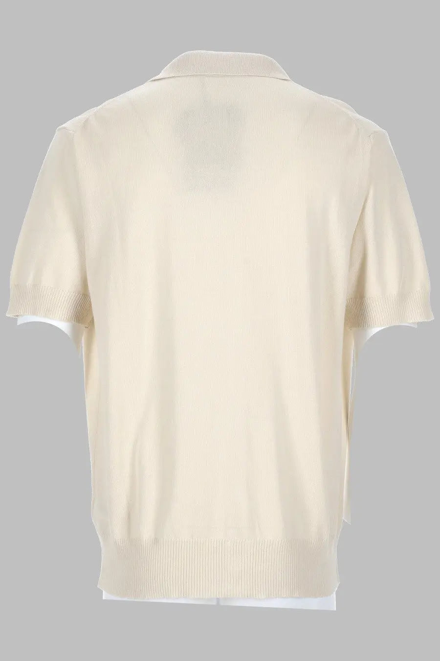 Cream-colored knit Vivienne Westwood men’s cardigan polo with short sleeves and ribbed cuffs collar and hem