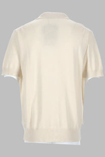 Cream-colored knit Vivienne Westwood men’s cardigan polo with short sleeves and ribbed cuffs collar and hem