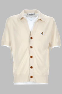 Vivienne Westwood men’s cream-colored knitted short-sleeve cardigan with brown buttons and embroidered logo