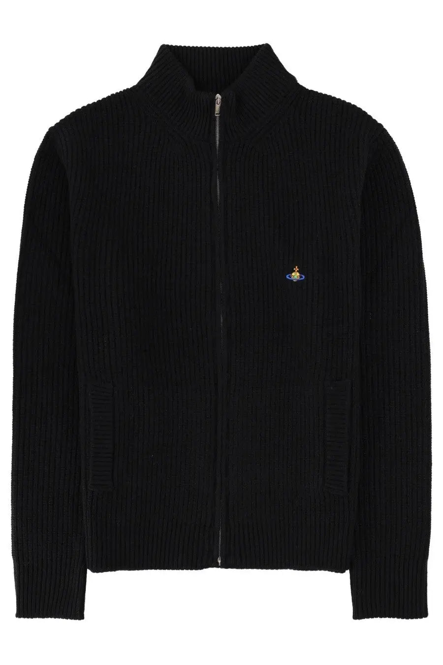 Vivienne Westwood men’s black ribbed knit zip-up sweater with small embroidered logo on left chest