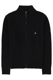 Vivienne Westwood men’s black ribbed knit zip-up sweater with small embroidered logo on left chest