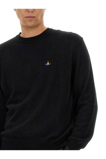 Vivienne Westwood men’s black jersey crewneck sweater with small embroidered logo on the left chest