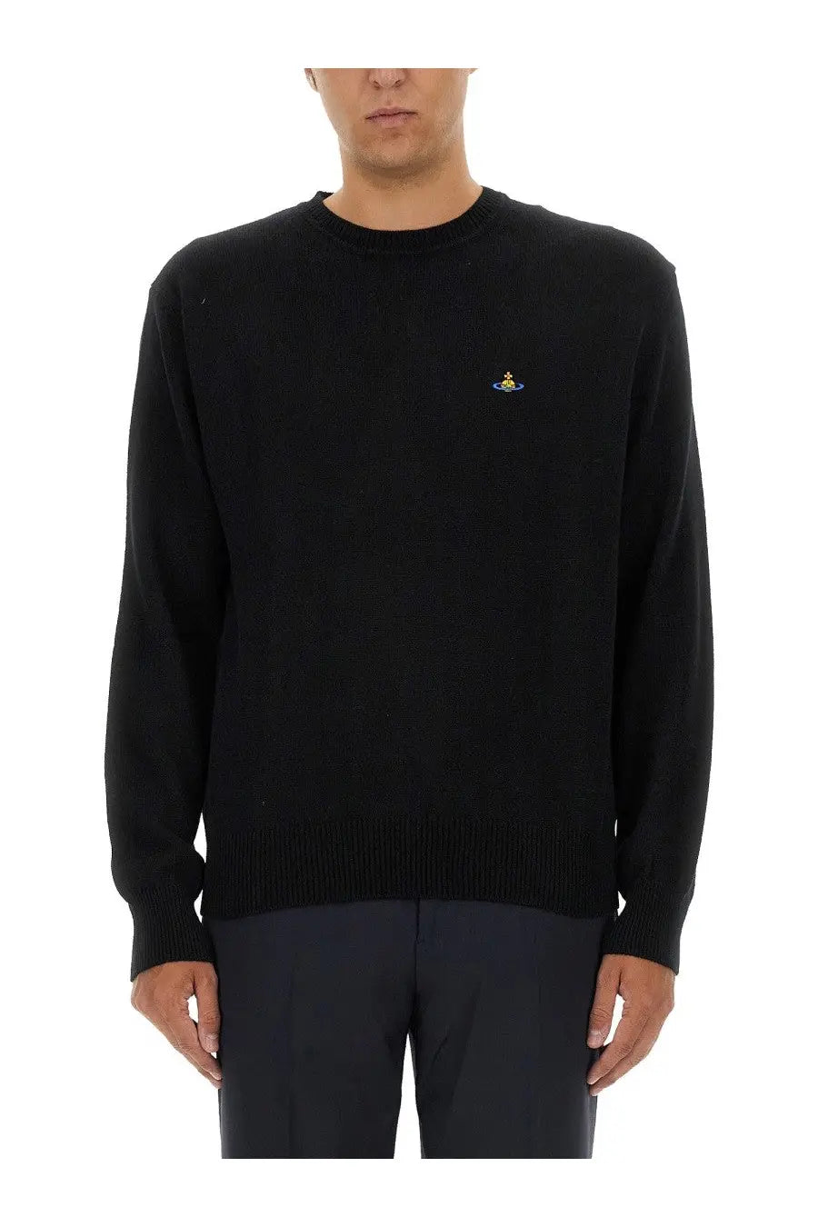 Vivienne Westwood men’s black crewneck jersey sweater with small embroidered logo on the left chest