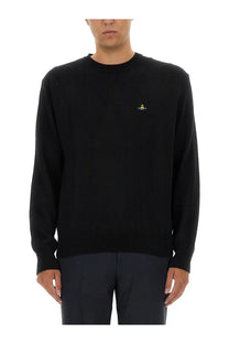 Vivienne Westwood men’s black crewneck jersey sweater with small embroidered logo on the left chest