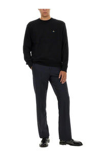 Vivienne Westwood men’s black jersey crewneck sweater with small gold embroidered logo on left chest