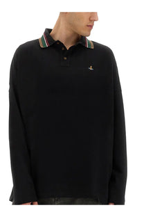 Vivienne Westwood men’s black long sleeved polo shirt with colorful striped collar and small embroidered chest logo