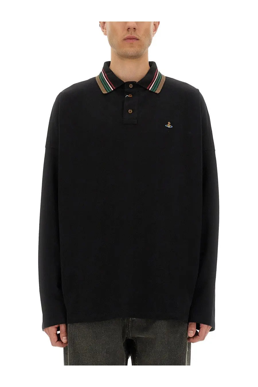 Vivienne Westwood men’s black long sleeved polo shirt with colorful striped collar and embroidered chest logo