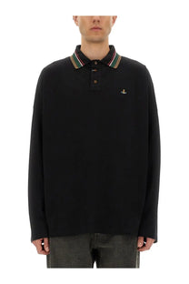 Vivienne Westwood men’s black long sleeved polo shirt with colorful striped collar and embroidered chest logo