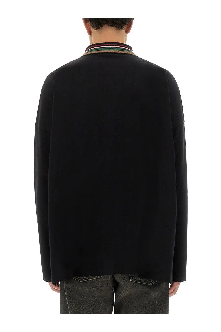 Vivienne westwood men’s black long sleeved polo shirt with colorful striped collar and a fitted jacket style
