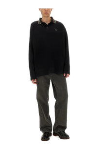 Vivienne Westwood men’s black long-sleeved polo shirt with striped collar and small embroidered chest logo