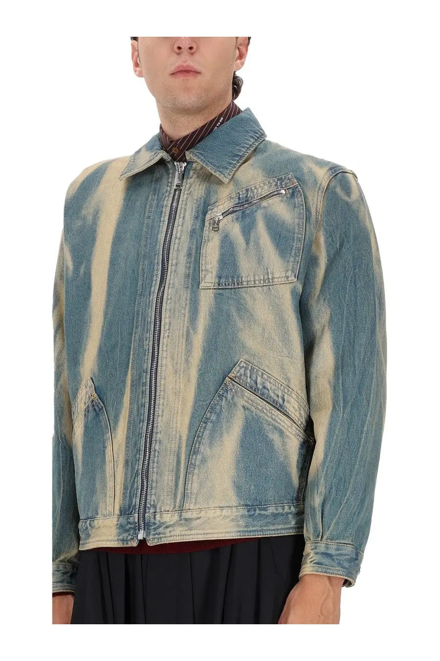 Vivienne westwood men’s piranha jacket blue distressed denim with faded tie-dye pattern and silver zippers