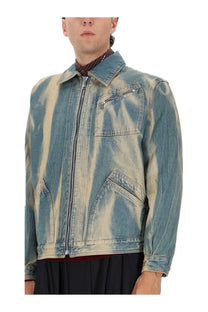 Vivienne westwood men’s piranha jacket blue distressed denim with faded tie-dye pattern and silver zippers