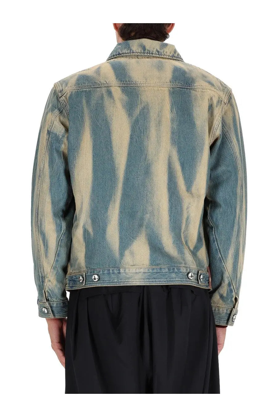Vivienne westwood men s piranha jacket blue distressed denim with faded blue and beige tie-dye pattern