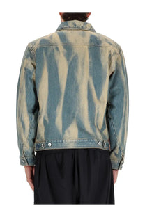 Vivienne westwood men s piranha jacket blue distressed denim with faded blue and beige tie-dye pattern