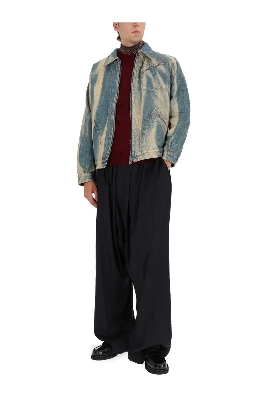 Vivienne Westwood men’s piranha denim jacket in distressed faded blue and beige with classic stitching and flap pockets