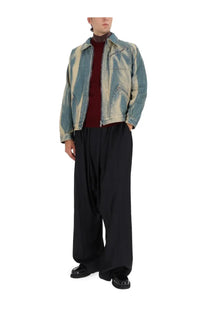 Vivienne Westwood men’s piranha denim jacket in distressed faded blue and beige with classic stitching and flap pockets