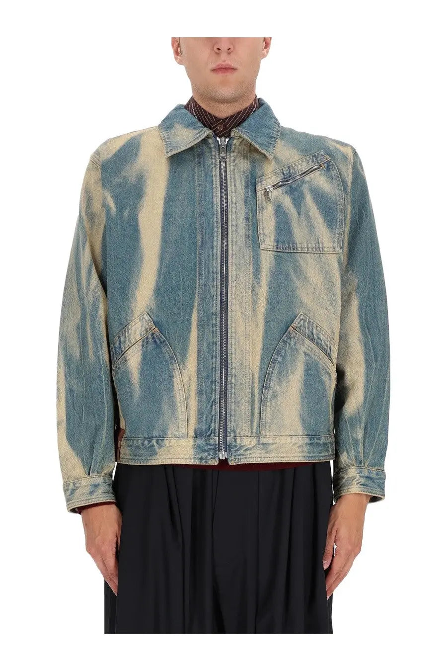 Vivienne Westwood men’s piranha jacket blue distressed denim with blue and beige tie-dye front zipper and slanted pockets