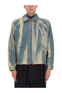 Vivienne Westwood men’s piranha jacket blue distressed denim with blue and beige tie-dye front zipper and slanted pockets