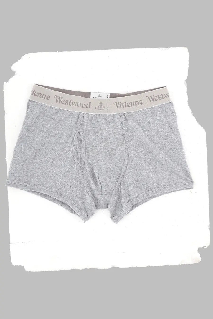 Gray heathered vivienne westwood boxer briefs with matching waistband featuring brand name and logo in cotton