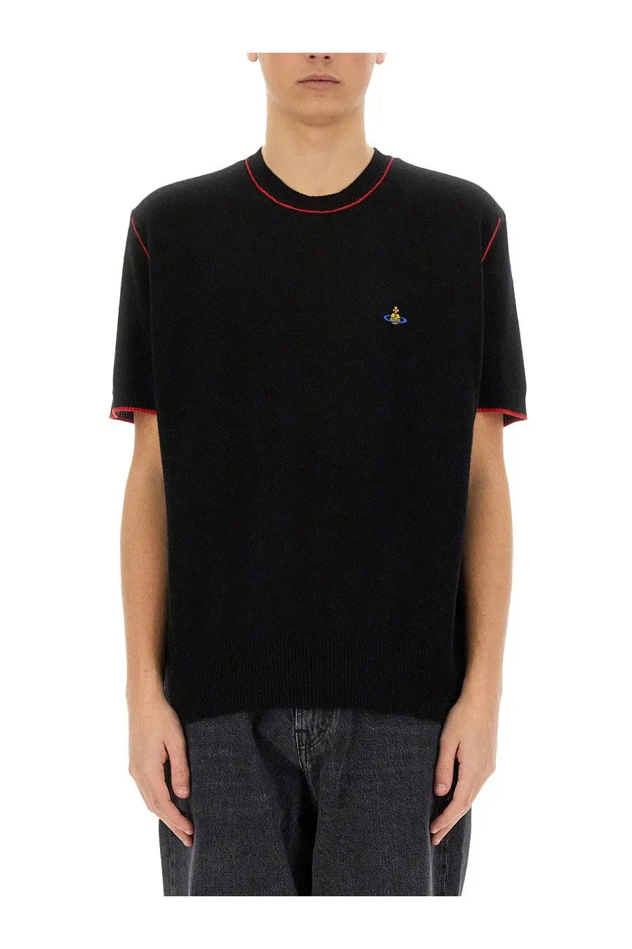 Vivienne Westwood men’s black short-sleeved knit tee with red trim and embroidered logo on the chest