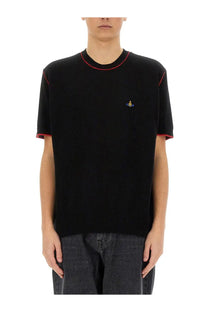 Vivienne Westwood men’s black short-sleeved knit tee with red trim and embroidered logo on the chest