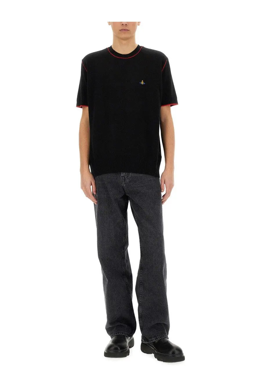 Vivienne Westwood men’s black short-sleeved cotton shirt alex with red trim and small embroidered chest logo