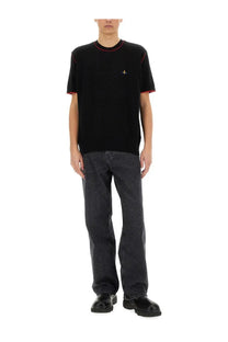 Vivienne Westwood men’s black short-sleeved cotton shirt alex with red trim and small embroidered chest logo
