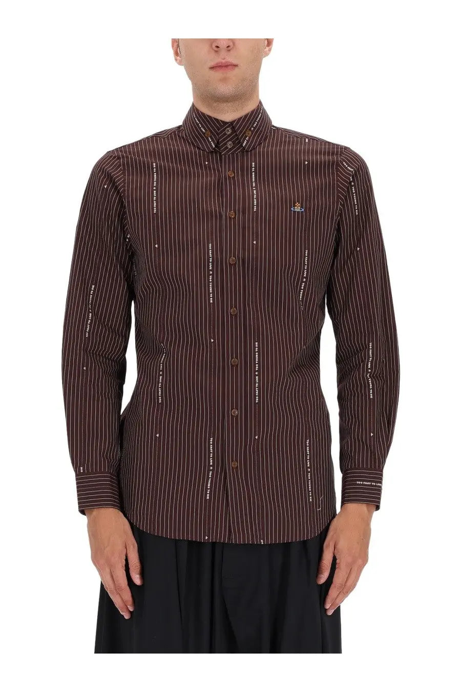 Brown pinstripe long-sleeve button-down shirt with subtle white text and small metallic accents by vivienne westwood