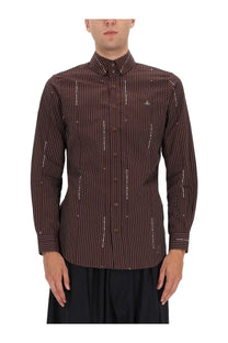 Brown pinstripe long-sleeve button-down shirt with subtle white text and small metallic accents by vivienne westwood