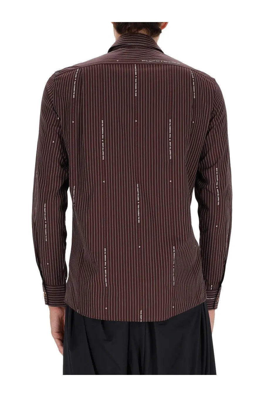 Vivienne westwood men’s brown pinstripe long sleeve shirt krall red with white text and diamond motifs on back